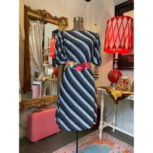 vintage 1980s black and gray striped dress puff sleeves rockabilly 80s fashion s